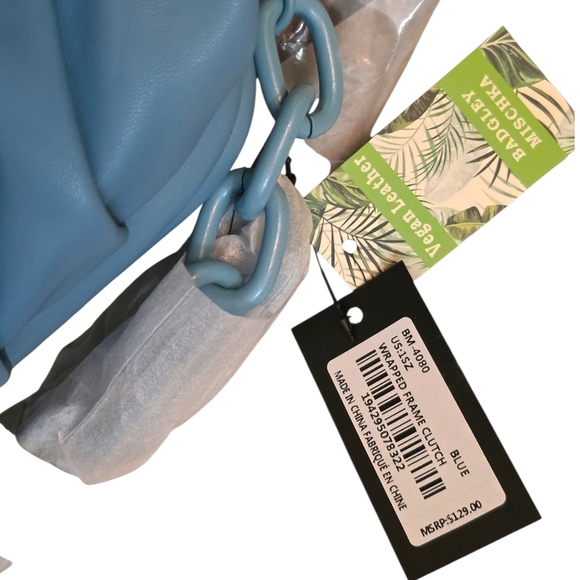 NWT Badgley Mischka Baby Blue Wrapped Frame Clutch Vegan Leather Evening Bag - Picture 5 of 11